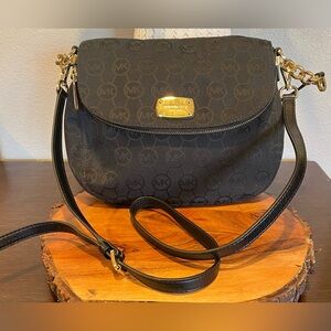 Michael Kors Medium Black Canvas Bedford Convertible Flap Shoulder Bag